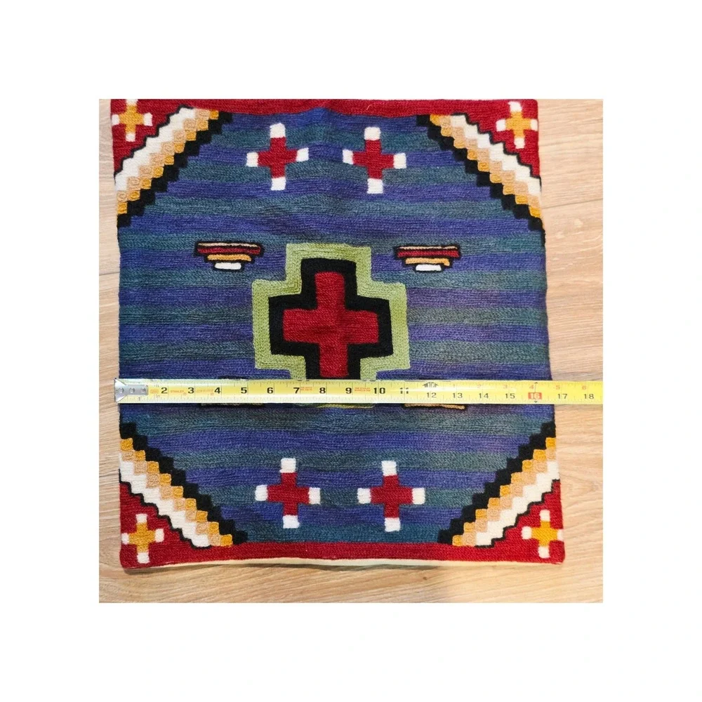 Southwestern Handwoven Wool Pillow Cover,  Blue Red Geometric Cross, Dorm Decor